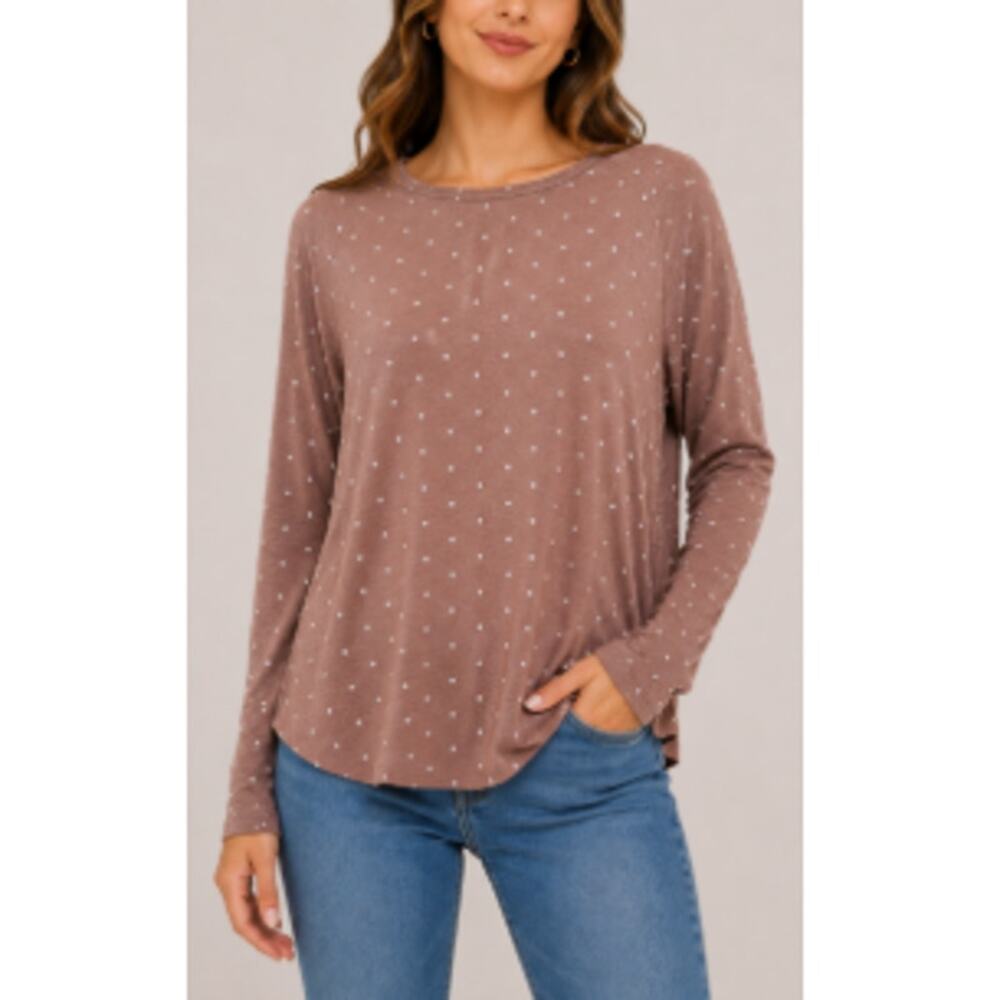 New Honeydew Brown Pink Polka Dots Crewneck Long Sleeves Pullover Top Size M